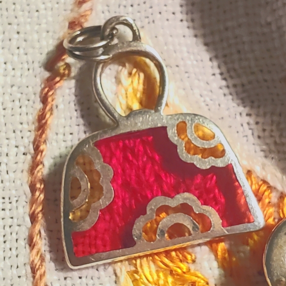 Vintage 925 Silver and Red Glass Purse Handbag Fancy Floral Charm Signed - Picture 1 of 5